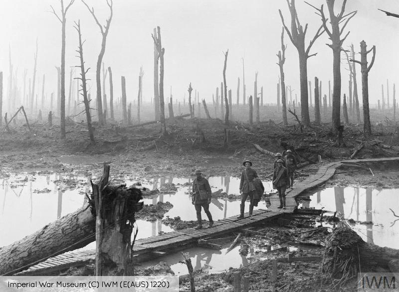 THE BATTLE OF PASSCHENDAELE, JULY-NOVEMBER 1917 (E(AUS) 1220) Australian troops walk along a duckboard track through the remains of Chateau Wood, Third Battle of Ypres (Passchendaele), 29 October 1917. Copyright: © IWM. Original Source: http://www.iwm.org.uk/collections/item/object/205193421